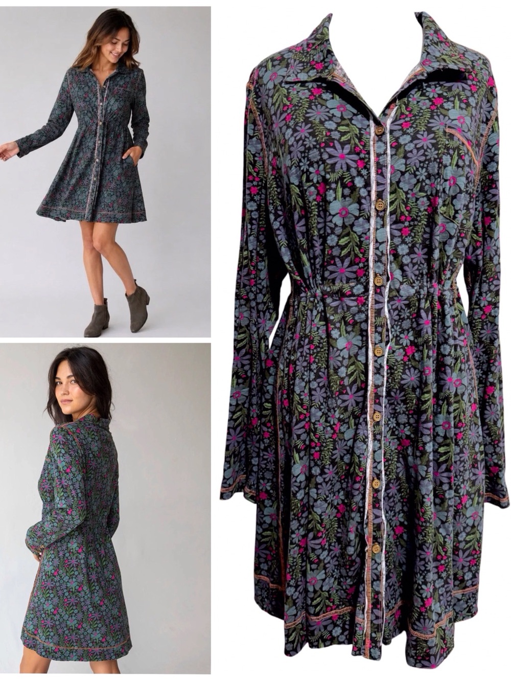 Natural Life Christa Prairie Mini Dress Floral 100% Cotton Button Front Large